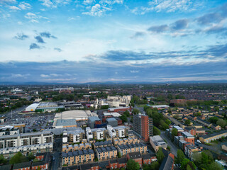 High Angle View of iconic Buildings at Central Greater Manchester City Centre and Tall Buildings During Golden Hour of Sunset over England UK. May 4th, 2024.