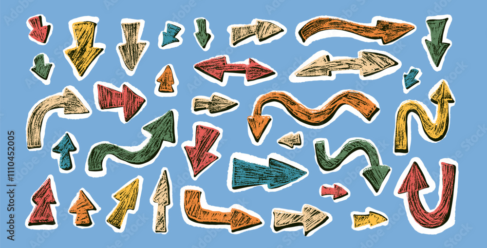 Poster arrow collage set crayon drawing pointers isolated. navigation path colorful marks. scribble doodle 