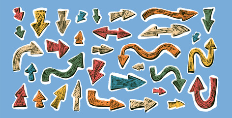 Arrow collage set crayon drawing Pointers isolated. Navigation path colorful marks. Scribble doodle paper signs. Vector hand drawn illustration