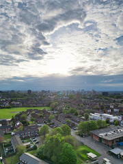 High Angle View of iconic Buildings at Central Greater Manchester City Centre and Tall Buildings During Golden Hour of Sunset over England UK. May 4th, 2024.