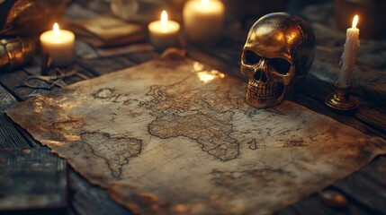A detailed world map lies on a rustic wooden table, illuminated by flickering candles. A golden skull rests beside the map, enhancing the intriguing exploration atmosphere