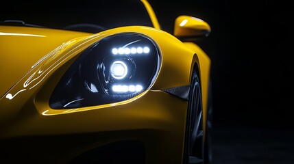 A striking yellow sports car captivates with its streamlined body and prominent headlights. The...