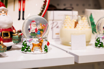 A beautifully crafted snow globe featuring Santa Claus and reindeer inside of it