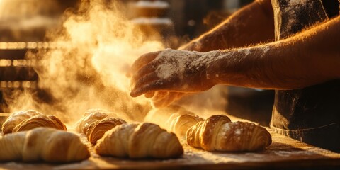 Baker's hands dusting fresh croissants with steam rising