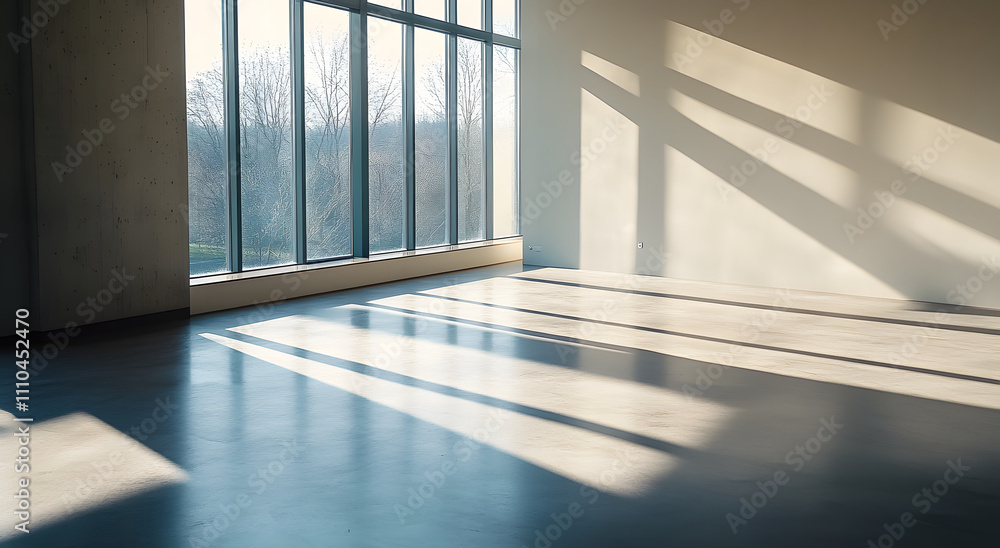 Canvas Prints sunlight casting geometric shadows in a minimalist indoor space with concrete flooring and a large w