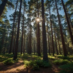 Fototapeta premium A peaceful forest with tall pine trees, sunlight casting shadows on the forest floor, and a cloudless, clear blue sky above.