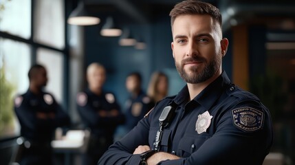 Obraz premium A confident police officer poses in a contemporary police station, exhibiting leadership and professionalism while standing with fellow officers in the background. The atmosphere reflects teamwork