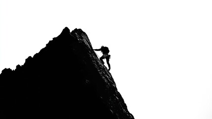 Obraz premium a lone climber making their way up a steep rock face, set against a stark white background.