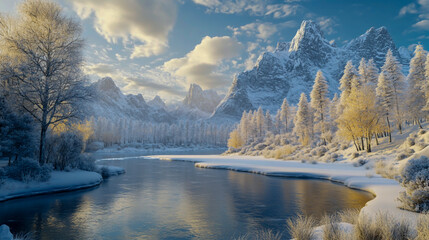 Frozen lake surrounded by majestic snow-covered mountains in a serene winter landscape - Powered by Adobe