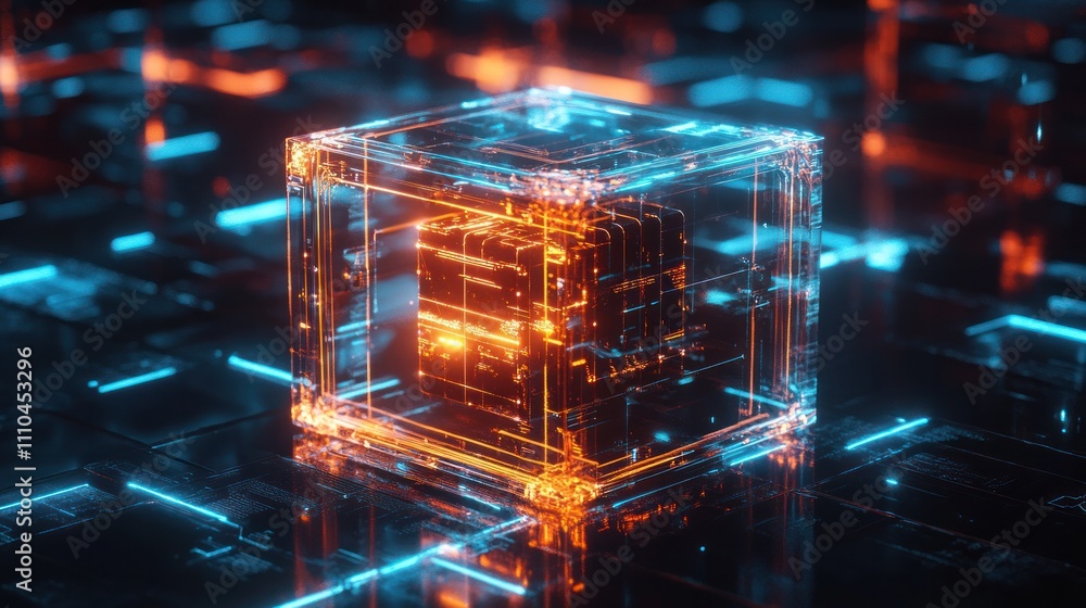 Poster processor inside a transparent cube floating in a dark environment, surrounded by interconnected dat