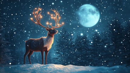 A reindeer with glowing antlers standing proudly in front of a snow-covered Christmas forest, illuminated by the moonlight