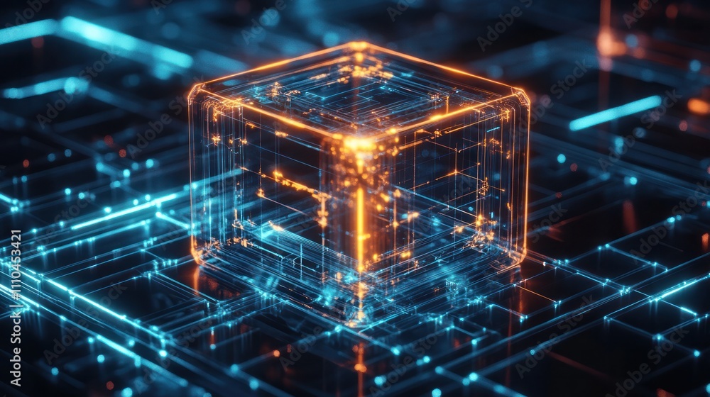 Poster processor inside a transparent cube floating in a dark environment, surrounded by interconnected dat