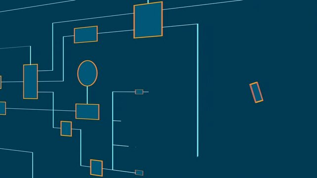 Flow chart, industrial process. Chart with elements, connected lines, and geometric shapes. Strategy, map, plan, chart, node tree, connection in process. 3D animation