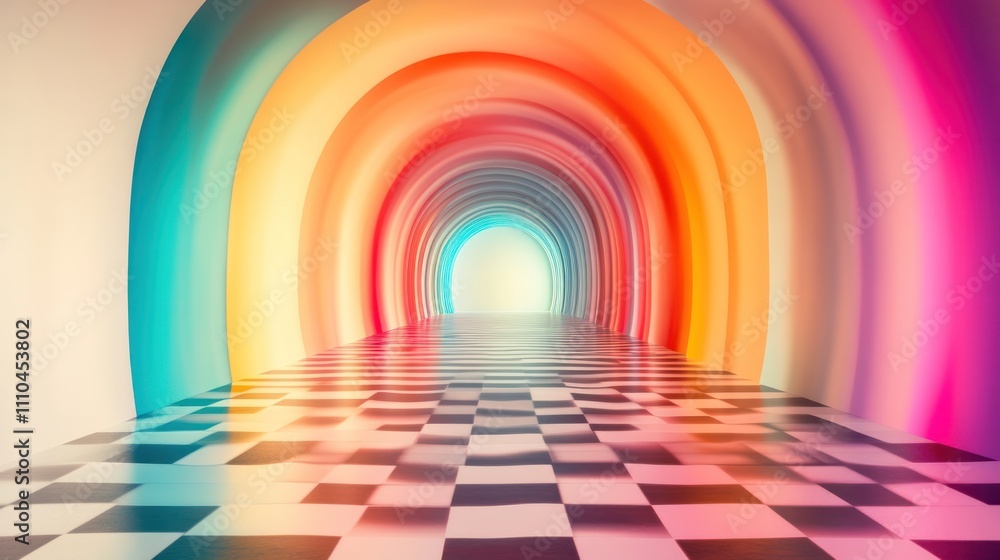 Poster a checkered floor extends into a tunnel with abstract vibrant colors flowing along the walls creatin