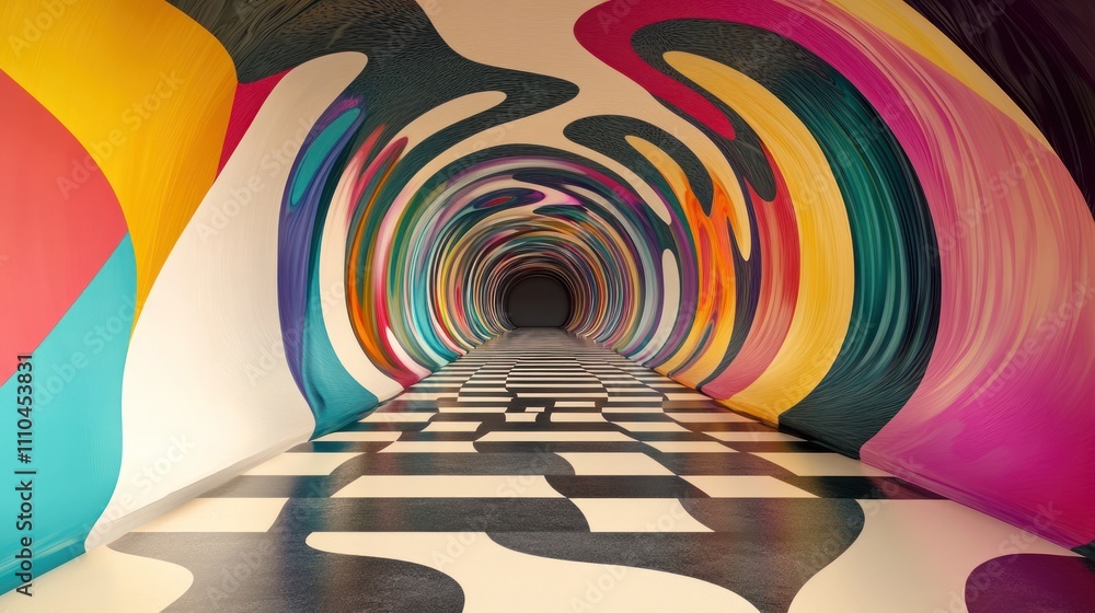 Poster a checkered floor extends into a tunnel with abstract vibrant colors flowing along the walls creatin