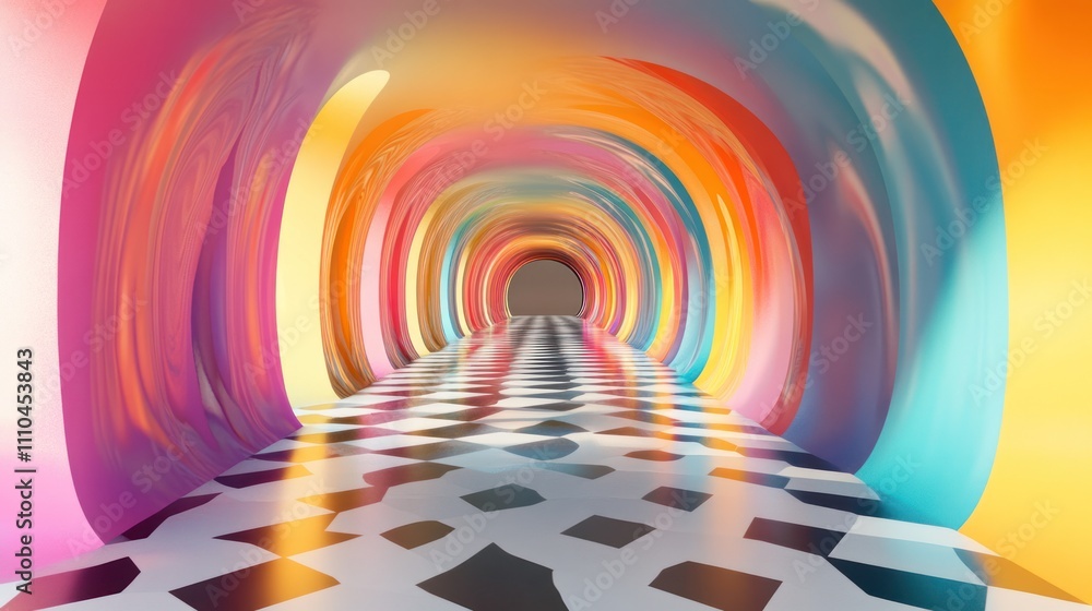 Poster a checkered floor extends into a tunnel with abstract vibrant colors flowing along the walls creatin