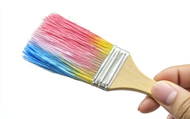 Fototapeta premium Hand Holding a Paintbrush Hand holding a paintbrush with colorful paint on the bristles, on a white background.