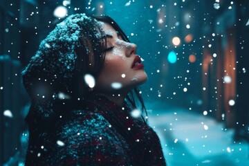 Female fashion model, enjoying snowfall. Brunette, bold red lips. Wearing wool coat and scarf. In snowy alley way, city lights in background. Whimsical. Winter atmosphere. Cosmetics, Fashion style.