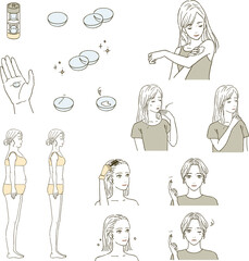 ビューティー　コンタクトレンズと女性のイラストレーションセット