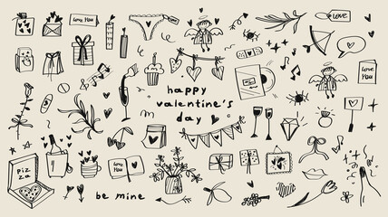 Hearts and design elements for Valentine's Day. Big set of clip art with love elements. Vector hand-drawn childlike doodle icon set. Black stroke on white background.