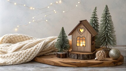 Obraz premium Glowing quaint wooden house in Festive Decor and Warm Light with Cozy Winter Scene V2
