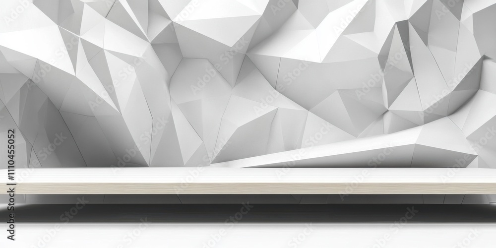 Poster abstract white geometric polygonal background with minimalist shelf display for product presentation