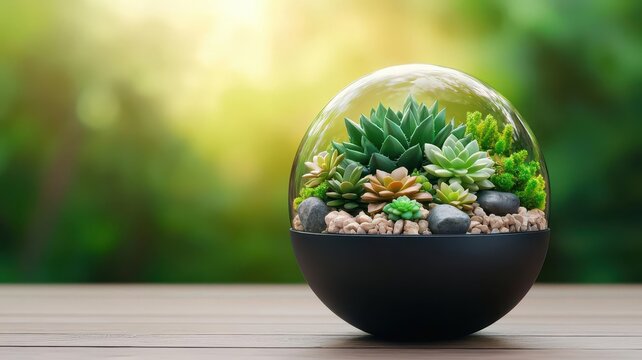 A spherical terrarium with a balanced ecosystem of succulents, moss, and miniature rocks, bathed in golden sunlight