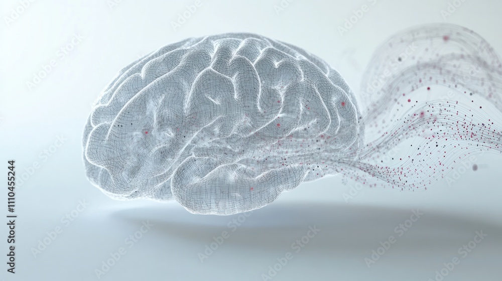 Poster representation of a human brain formed by interconnected particles and glowing lines, floating again