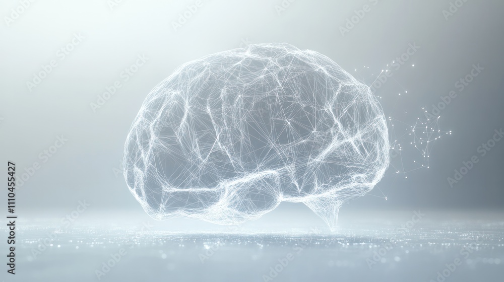 Poster representation of a human brain formed by interconnected particles and glowing lines, floating again