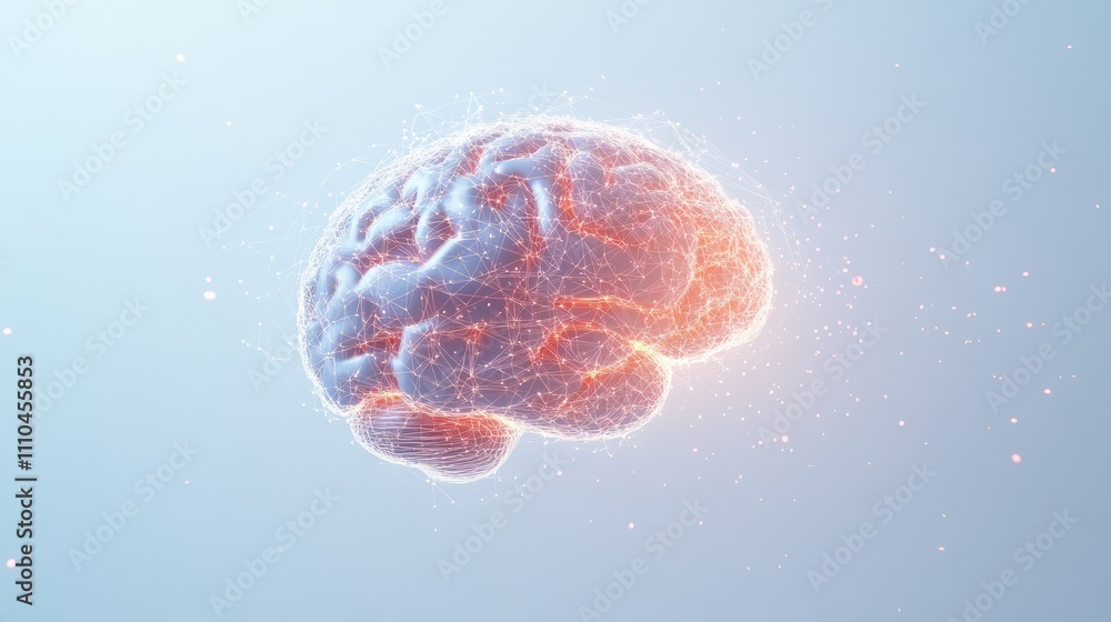 Poster representation of a human brain formed by interconnected particles and glowing lines, floating again