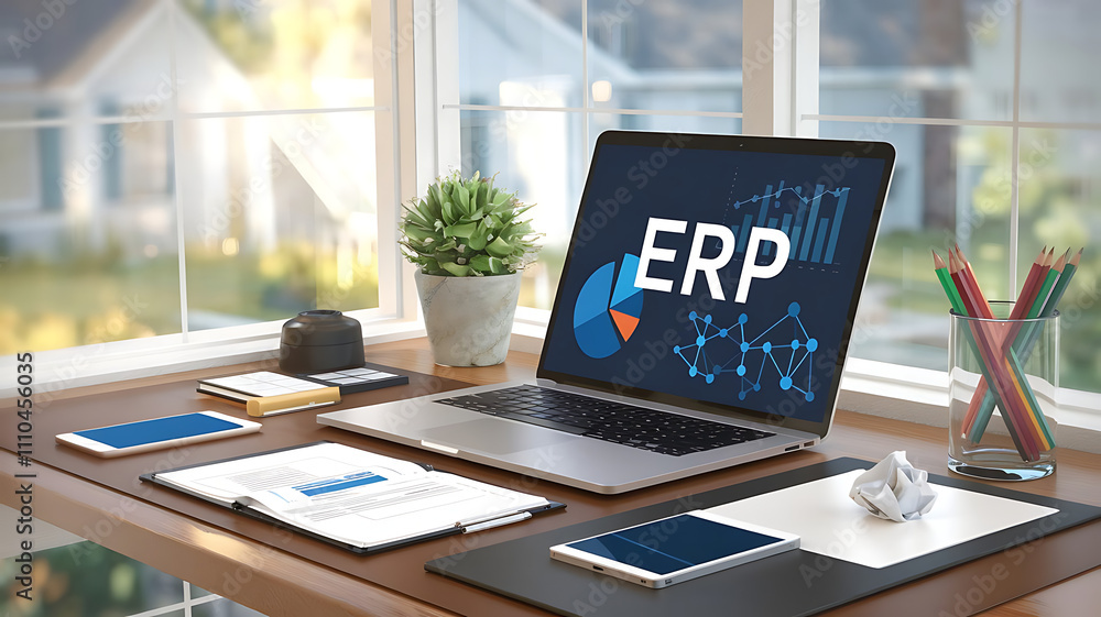 Aufkleber erp software, erp dashboard, enterprise resource planning, modern workspace with erp software on lap