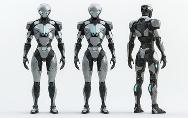 Layered Panels Robot Full-Length A humanoid robot with sleek, metallic layered panels forming its body, standing confidently on a clean white background. 