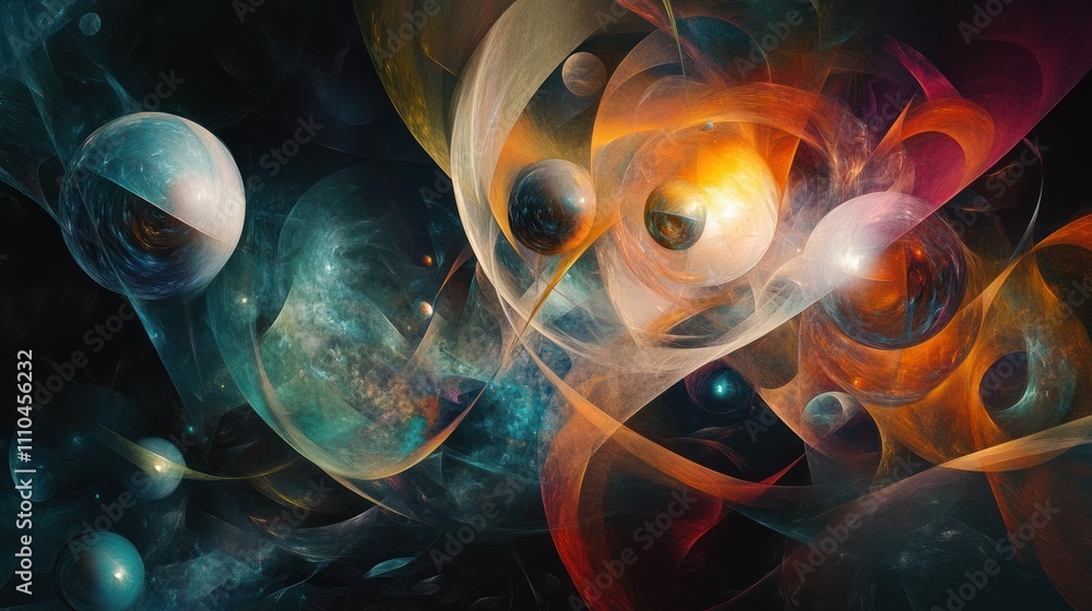 Poster theory, featuring a series of interconnected shapes and luminous orbs that represent particles in mo