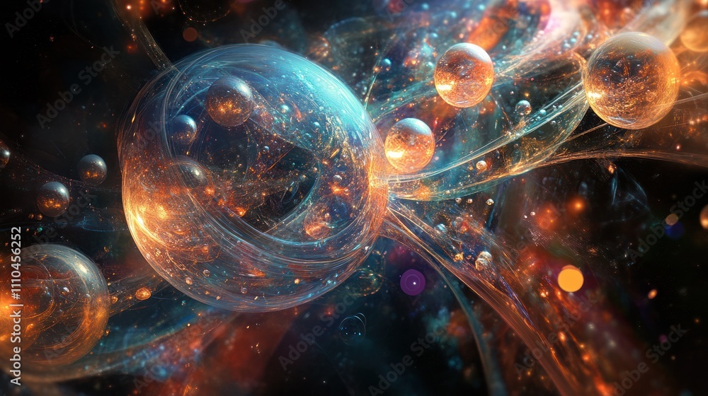 Poster theory, featuring a series of interconnected shapes and luminous orbs that represent particles in mo