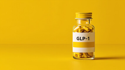 GLP-1 Vial on Yellow Background Representing Medication and Treatment, glp-1 background, medical copy space background, space-copy background