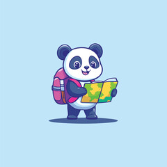 Adventurous Panda Cartoon with Backpack and Map on Simplistic Beige Background