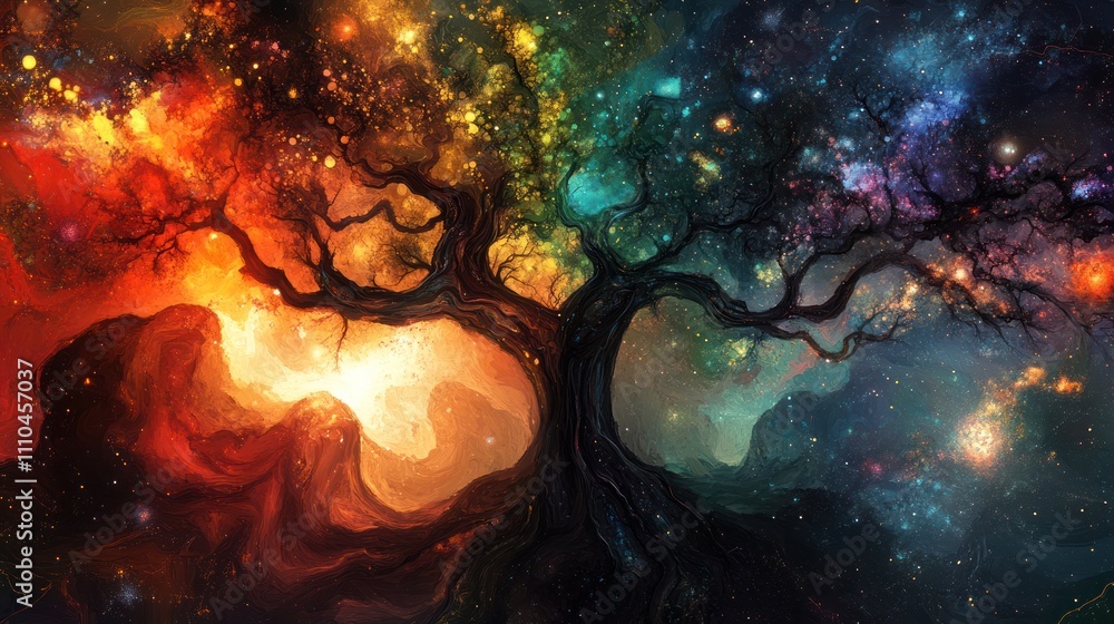 Poster tree with branches extending into a multiverse, each branch showcasing different dimensions and real