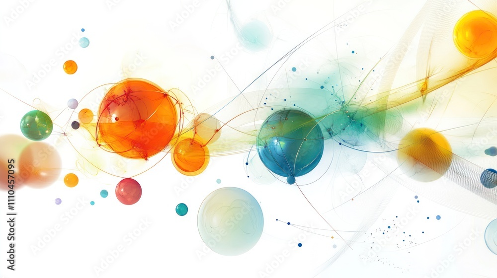 Poster mechanics, showcasing a series of interconnected spheres and lines that symbolize particles and wave