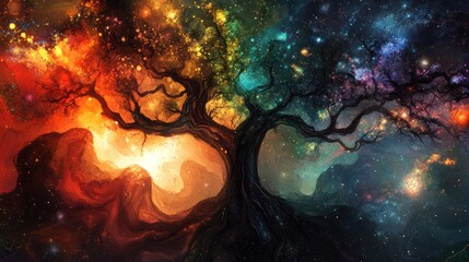 tree with branches extending into a multiverse, each branch showcasing different dimensions and realities