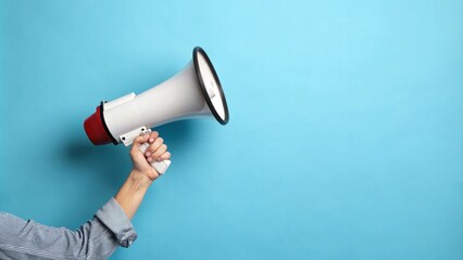 hand with megaphone on blue background with space for text
