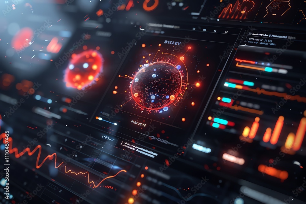 Poster futuristic digital interface showing virus data analysis.
