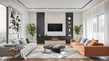 Modern living room, minimalist design, cozy atmosphere, large windows