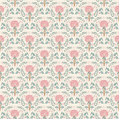 Fototapeta premium Indian chintz seamless pattern. Modern flower scallop endless background. Floral retro pink peony repeat cover. Farmhouse continuous ornament. Vector hand drawn pattern digital textile wildflower.