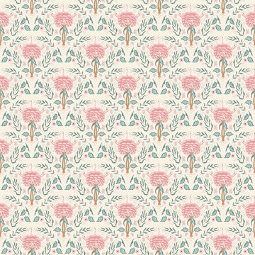 Indian chintz seamless pattern. Modern flower scallop endless background. Floral retro pink peony repeat cover. Farmhouse continuous ornament. Vector hand drawn pattern digital textile wildflower.