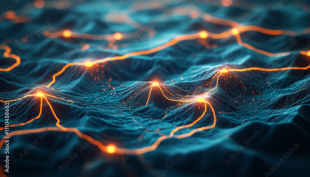 Poster digital landscape with glowing lines and textured waves creates mesmerizing effect