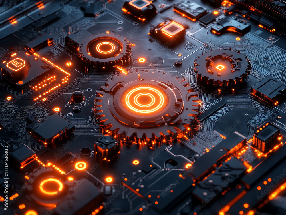 Poster digital circuit board with glowing gears and intricate patterns