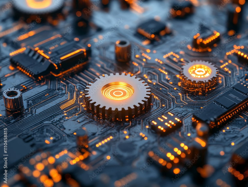 Poster visual metaphor for digital planning with glowing gears and circuits