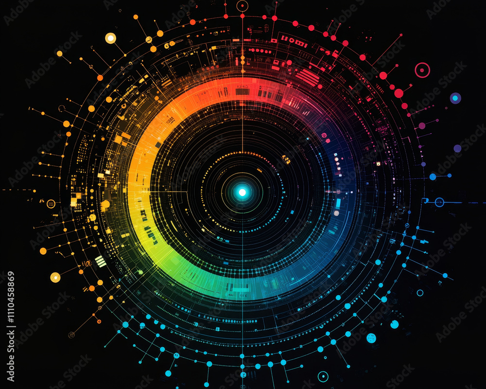 Poster vibrant digital visualization of strategy framework, showcasing data flow and connections