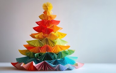 A Christmas tree crafted from brightly colored paper fans of various sizes layered in a conical shape, on a white surface