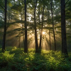Obraz premium A dense forest with thick, moss-covered trees, rays of sunlight breaking through the branches, and a pristine blue sky above.